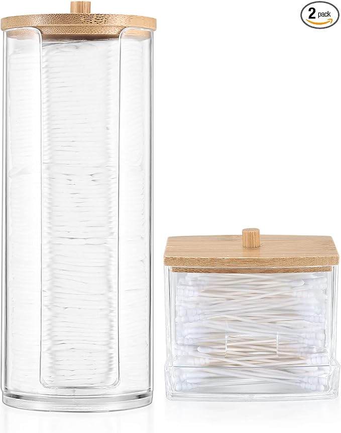 Fulushouxi 2 Pcs Cotton Pad Holder, Bathroom Makeup Organizers Containers for Cotton Ball/Swab/Round Pads/Floss/Hair Ties Canister Vanity Storage Jars Dispenser Holder wuth Bamboo Lid