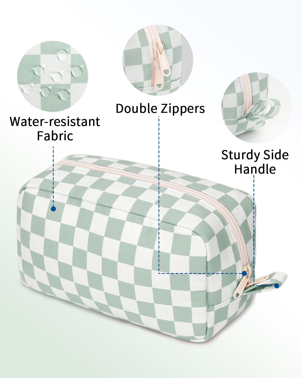 Narwey Checkered Makeup Bag, Travel Cosmetic Bag Organizer, Toiletry Bag Make Up Bags with Comparments for Women and Girls, Gift for Teen Girls (Mint Green Checkerboard, Large)