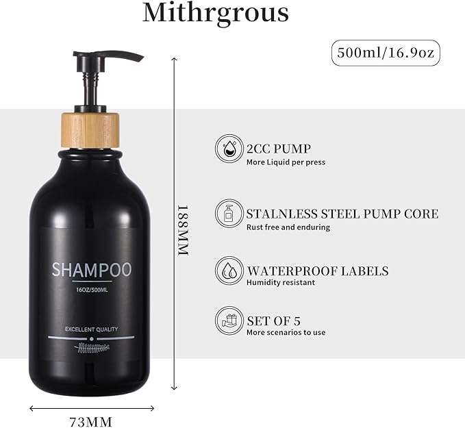 Mithrgrous Shampoo and Conditioner Dispenser Bottles,5Pack Dispenser Bottles Refillable,16.9oz Shower Containers for Conditioner,(Black) Bathroom Shampoo Dispenser Set