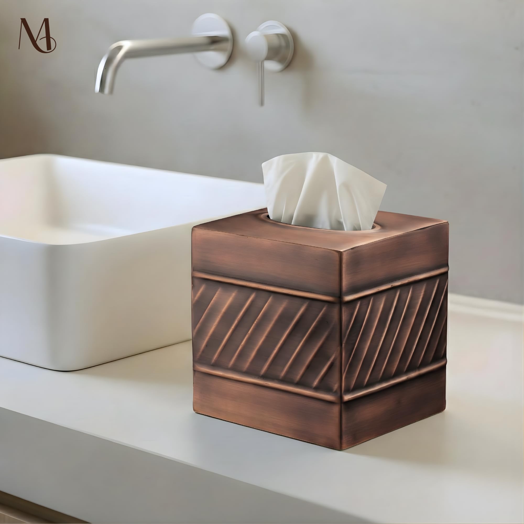 Monarch Abode Tissue Box Cover Square – Handcrafted Wave Embossed Antique Copper Metal Tissue Holder Box for Bathroom Accessory, Aesthetic Decorative Facial Napkin Cube for Modern Home Decor