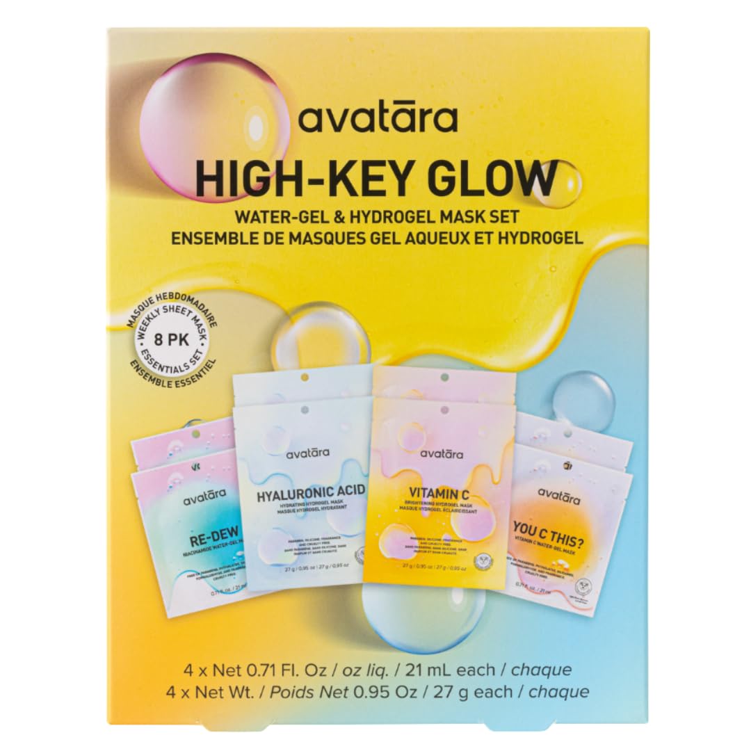 Avatara High-Key Glow Water-Gel and Hydrogel Sheet Mask Variety 8-Pack - Hyaluronic Acid, Vitamin C, and Lyocell Fiber Korean Beauty Face Masks for Tween, Teen and All Skin