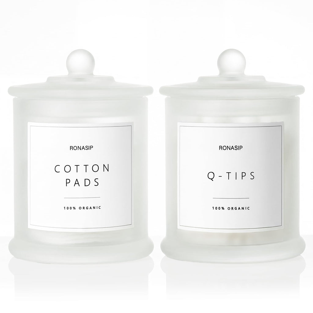 Ronasip Qtip Holder & Cotton Pad Dispenser, Bathroom Organizer and Storage Canisters, 16oz Glass Apothecary Jars for Kitchen, Restroom - Home Decor, Room Decor Aesthetic (2 Pack, Frosted White)
