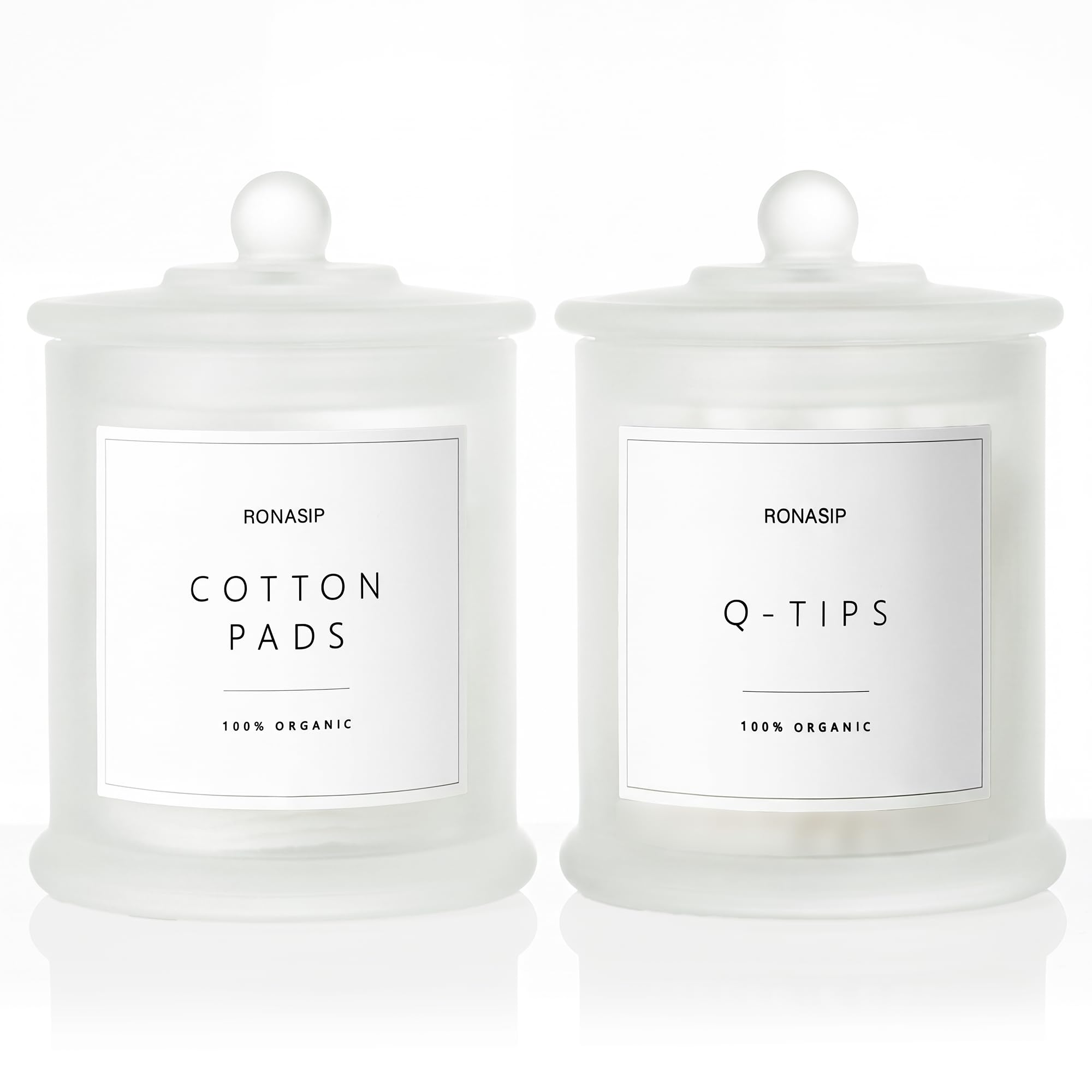 Ronasip Qtip Holder & Cotton Pad Dispenser, Bathroom Organizer and Storage Canisters, 16oz Glass Apothecary Jars for Kitchen, Restroom - Home Decor, Room Decor Aesthetic (2 Pack, Frosted White)