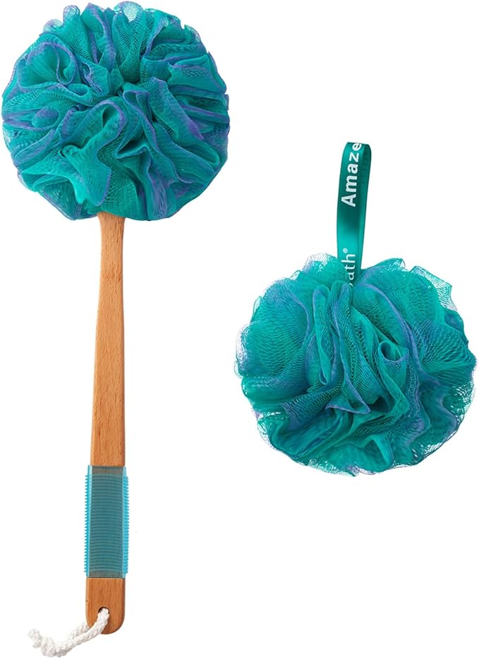 AmazerBath Shower Sponge Loofah Back Scrubber, PE Soft Mesh Loofah Body Scrubber with Long Wooden Handle, Bath Sponge for Men Women (Pink)