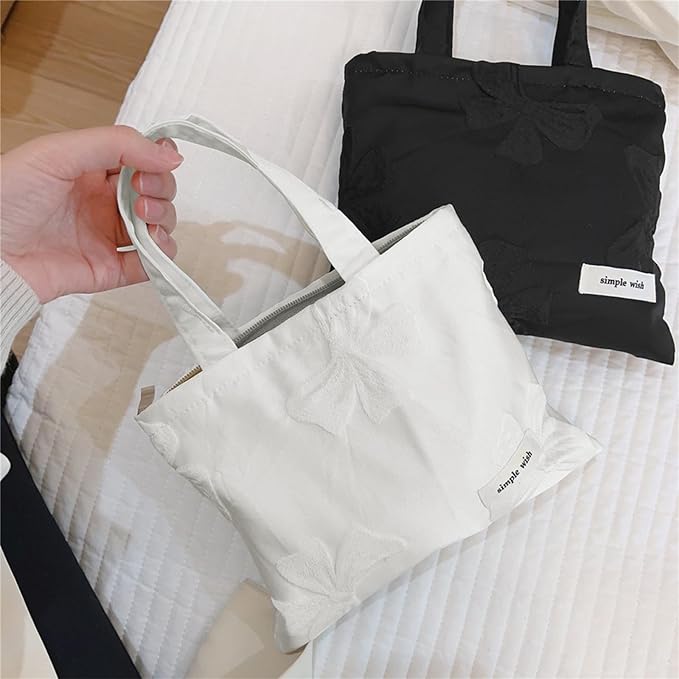 Wudygirl Makeup Bag Travel Cosmetic Bag for Women Small Makeup Pouch with Handle Zipper Cosmetic Pouch Handbag Aesthetic 8.3" x 6.7"(White Bow)