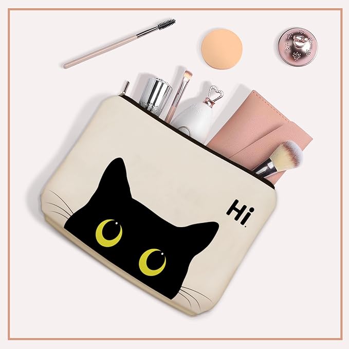 Girlly Black Cat Makeup Bag For Cat Mom Gift: Cute Kitty Cosmetic & Toiletry Pouch For Girls & Womens, Sisters, Friends.Ideal Black Cat Lover Gifts for Travel, Birthday, Christmas.