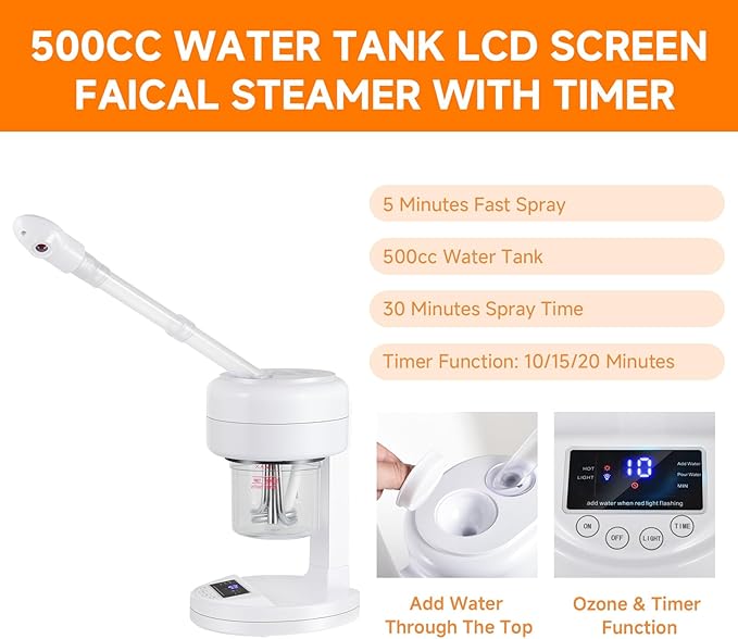 HeavenBird Ozone Facial Steamer, Portable Nano Ionic Face Steamer with LCD Screen, Extendable 360° Rotating Arm, Rotatable Nozzle, Hot Mist Function for Personal Care at Home or Salon
