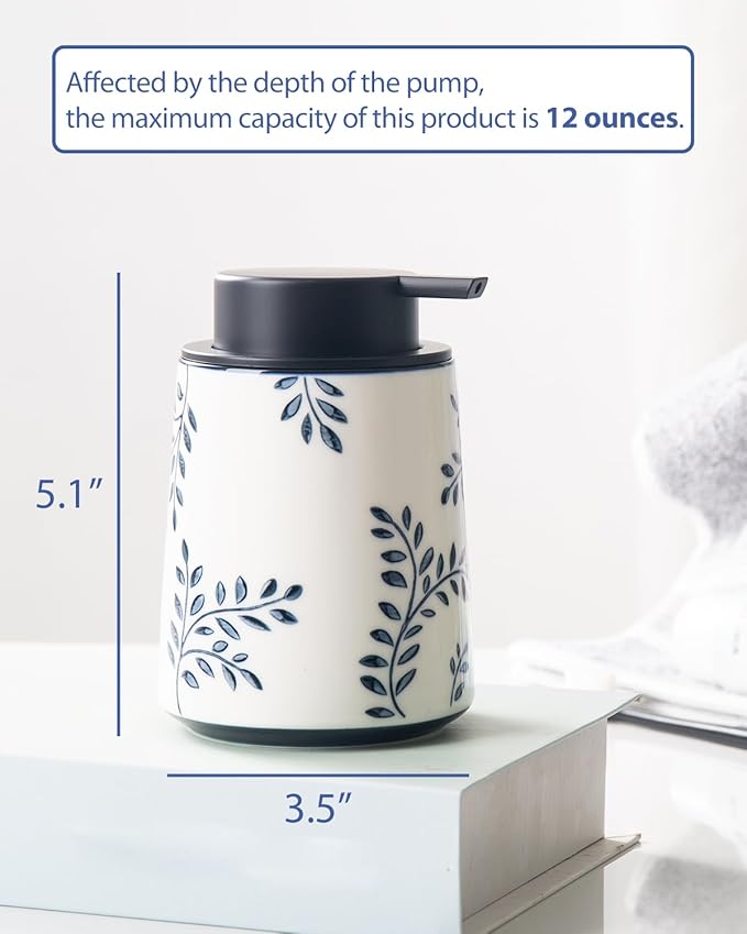 Hand Soap Dispenser for Bathroom, Ceramic Lotion Dispenser, Chinoiserie Bathroom Accessories, Blue and White Leaf