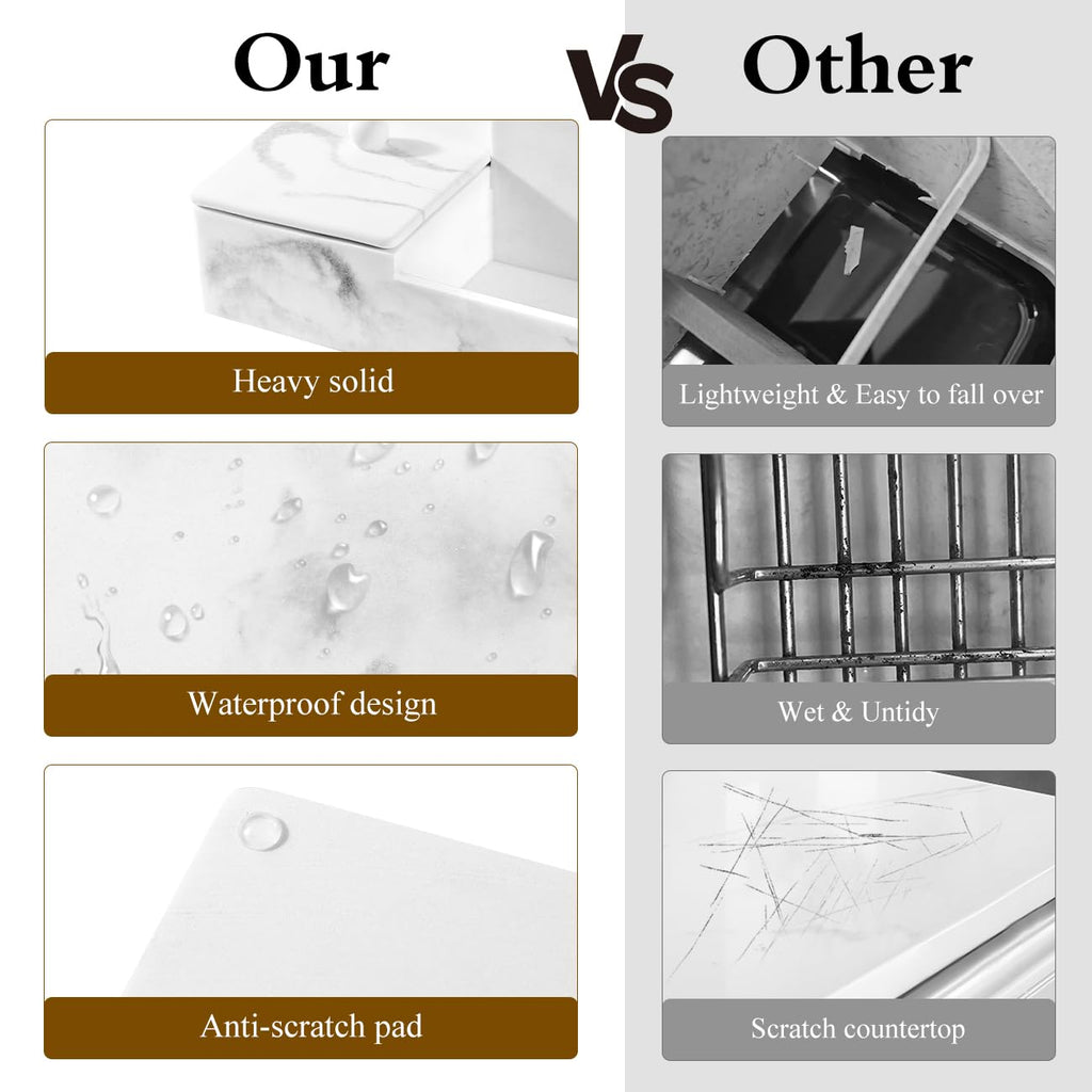 Luxspire Bathroom Counter Organizer, Marble Toothbrush Holder for Bathroom 6 Slot, Bathroom Vanity Organizer with Lid, Bathroom Organizer Countertop for Cotton Ball, Q-Tips, Floss, Gravel White