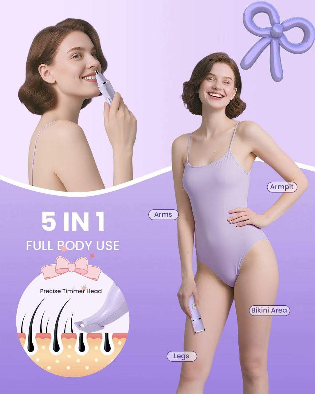Bikini Trimmer for Women - 5 in 1 Electric Razors for Ladys Pubic Facial Nose Body Leg Hair Removal, Waterproof Electric Shaver for Women Private Area Sensitive Skin, Personal Hair Trimmer-Purple