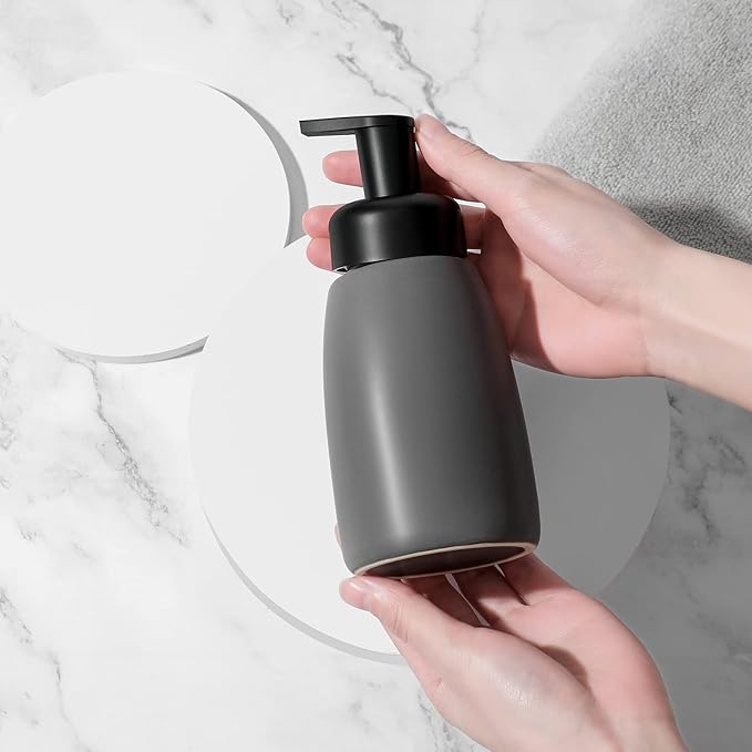 Foaming Hand Soap Dispenser Ceramic Jar Foam Dish Soap Dispenser for Bathroom and Kitchen Sink, Liquid Pump Bottle for Shampoo, Body Wash, Hand Soap, Grey, 2 Pack