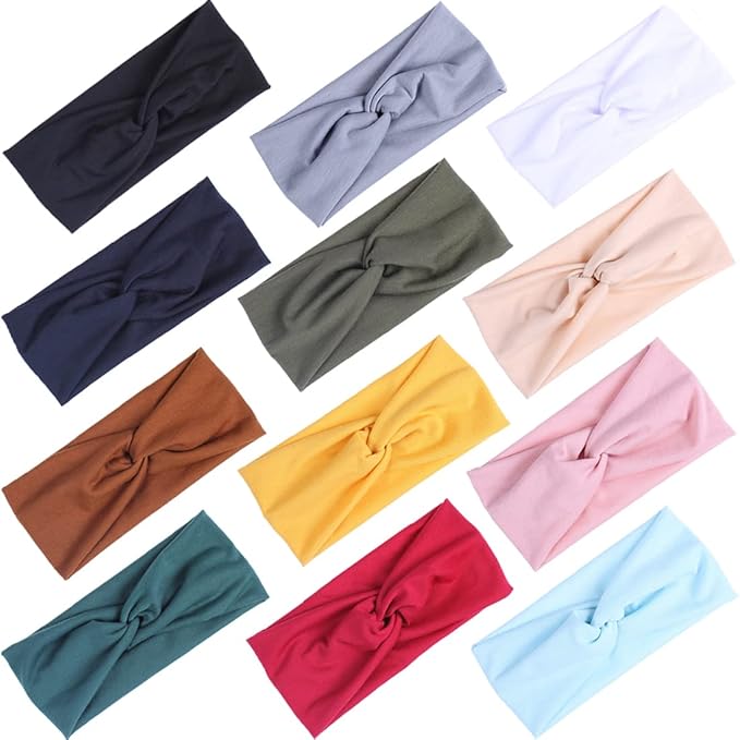 XTREND 12 Pcs Women's Headbands Twisted Cross Elastic Head bands Yoga Workout Hairbands Non-Slip Sweat Soft Solid Color Simple Versatile Hair Accessory Headband