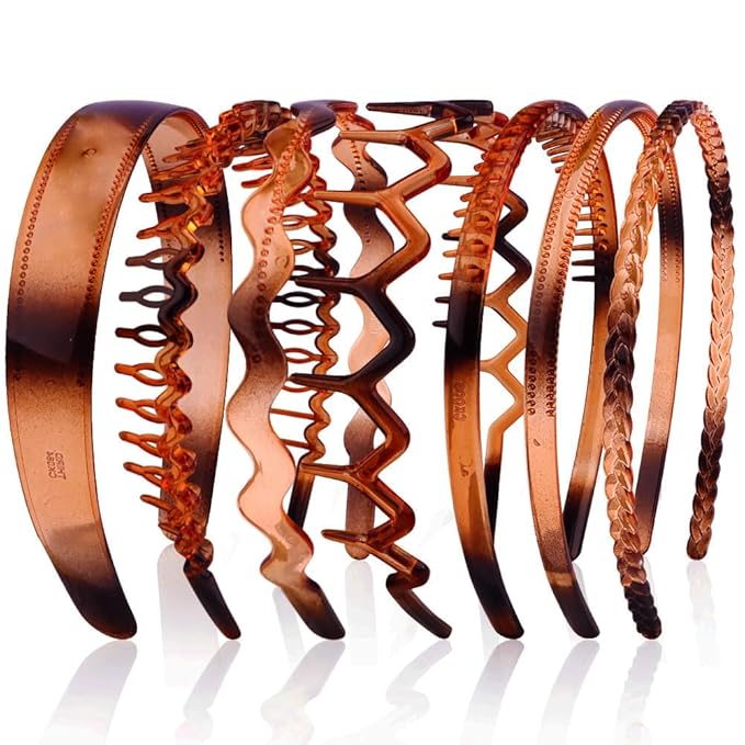 AHONEY 7 Pack Brown Headbands for Women Mens Plastic Headbands with Teeth Non Slip Hairbands for Women's Hair Accessories Comb Headband Diademas Para Mujer (Amber)