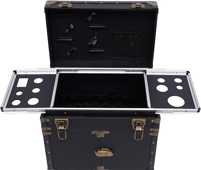 Rolling Lockable Makeup Train Case, Hairdressing Trolley Travel Organizer Tool Box Stylist Beauty Salon Cosmetic Luggage with Hair Dryer Holder for Barber Stores Hairdressing Colleges Homes