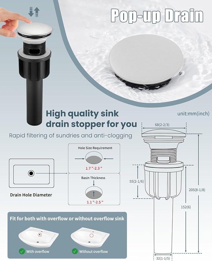 Bathroom Faucets, Bathroom Sink Faucet with Pop-up Sink Drain Stopper & Deck Plate 1 or 3 Hole, Single Handle Modern Farmhouse RV Faucet, Brushed Sealing Glaze