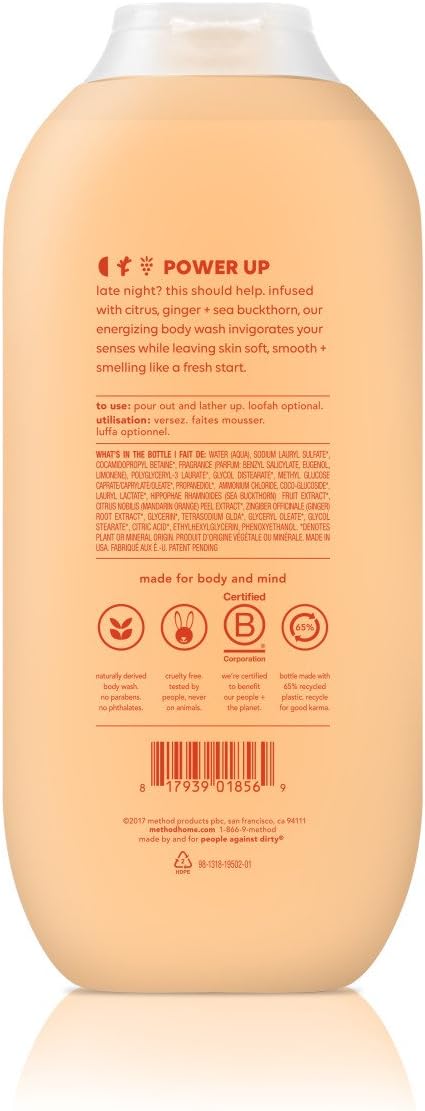 method Body Wash, Energy Boost - Leaves Skin Feeling Soft & Moisturized, Made Without Parabens, Notes of Citrus, Ginger & Sea Buckthorn, 18 fl oz - 6 pack