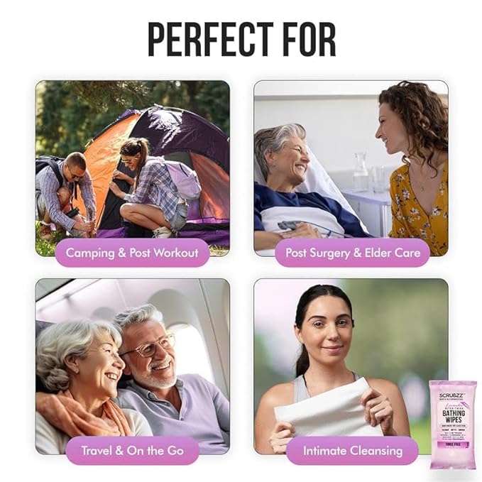 Extra Large Bath Wipes for Adults Bathing No Rinse - 80 Ultra Thick Disposable Body Cleansing Wipes for Men, Women & Elderly - Great for Gym, Camping, Post Surgery - Lavender