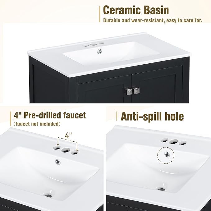 Bellemave 30" Bathroom Vanity with Sink Combo Set, Solid Wood Frame Bathroom Storage Cabinet with a Drawer, 2 Soft Closing Cabinet Doors with Organizer, Black