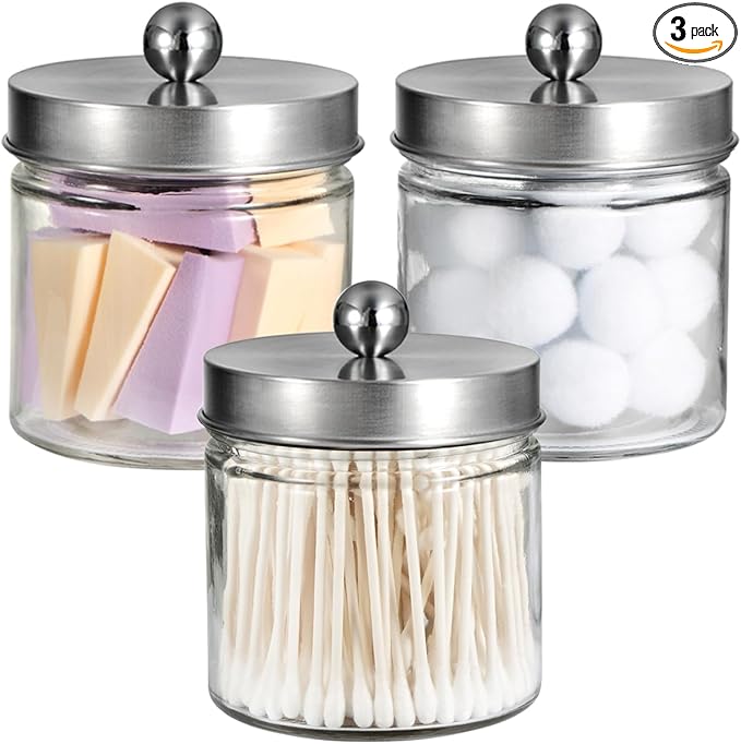 SheeChung Bathroom Organizers and Storage - 3Pack Qtip Holders Bathroom Canister Apothecary Jars for Cotton Swabs, Rounds, Balls, Qtips,Makeup Sponges, Flossers,Bath Salts - Brushed Nickel