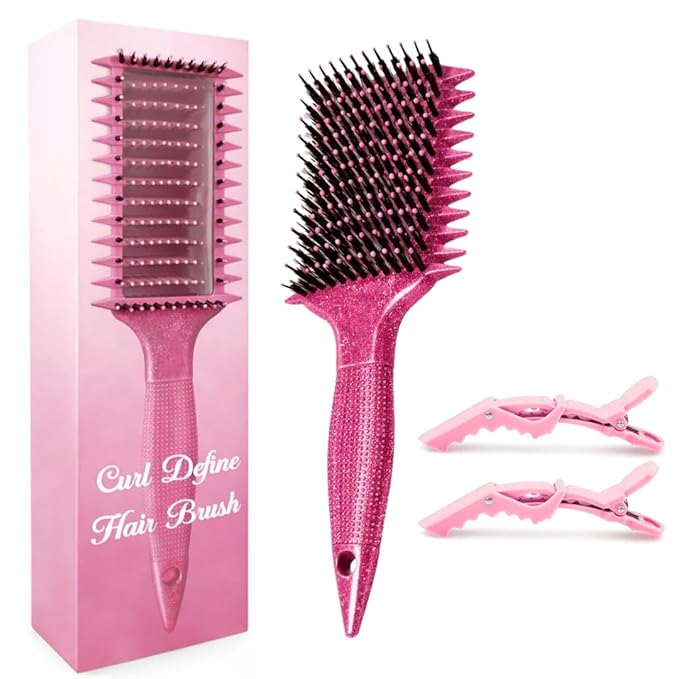 Curl Defining Brush with Hair Clips – Detangling Tool for Wet or Dry Styling, Ideal for Curly Hair, Women & Girls (Shiny Pink)