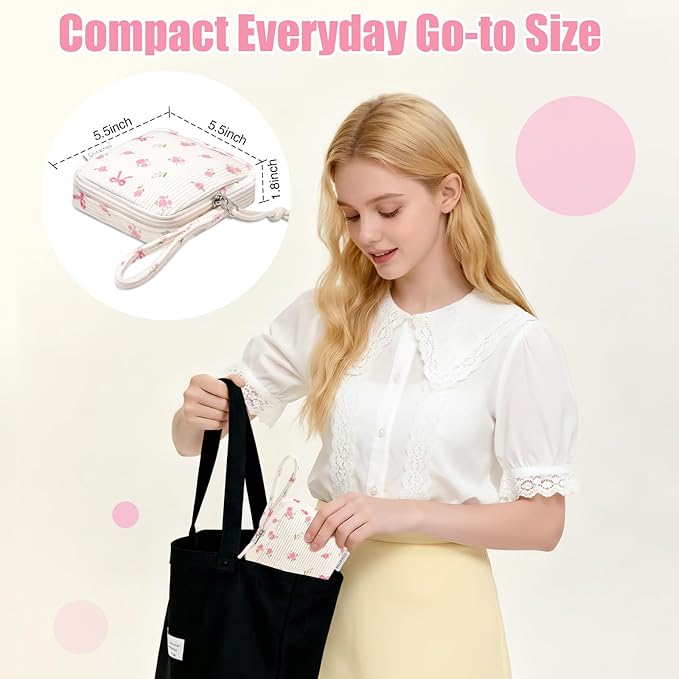 Chicarries Small Makeup Bag | Discreet Period Bag Pad Pouch for Purse| Sanitary Napkin Storage & Tampon Holder for Travel Wallets and Handbags(Flower bow beige)