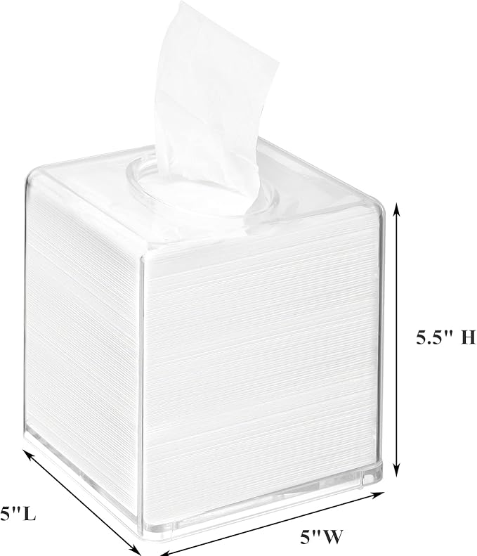 Yopay 2 Pack Square Tissue Dispenser Box, Clear Facial Acrylic Tissue Box Holder, Cover Napkin Organizer for Dryer Sheets, Bathroom, Desks, Countertop, Vanity, Bedroom Dressers, Kitchen Office Room