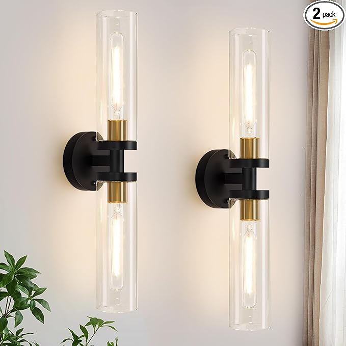 Wall Sconces Set of Two, 22" Black and Gold Bathroom Sconces with Clear Glass, Hardwired Modern Sconces Wall Decor Set of 2 Wall Light fixtures for Bathroom Mirror Living Room Hallway Bedroom