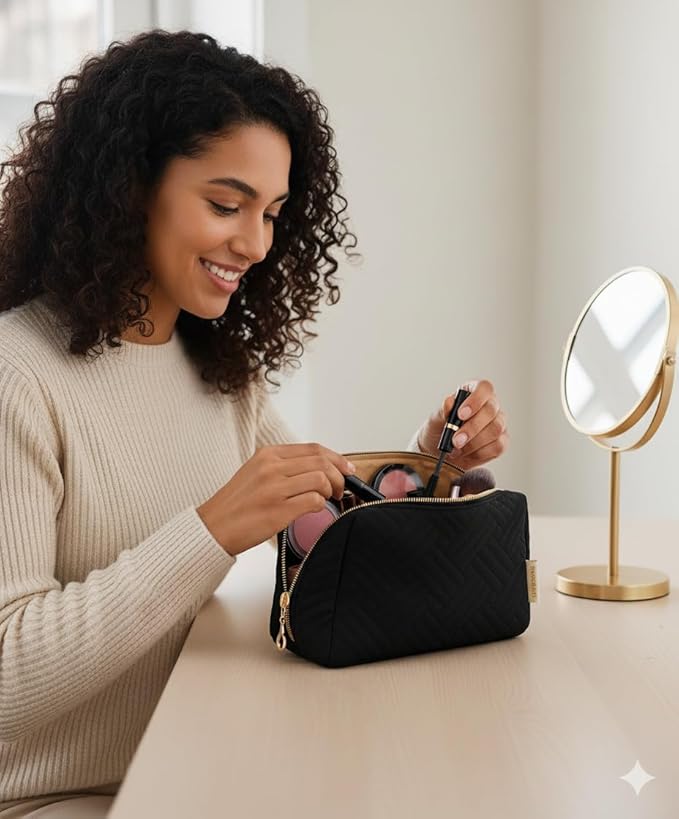 BAGSMART Small Makeup Bag, Compact Cosmetic Pouch for Women for Purse, Travel Toiletry Organizer with Wide Open Design, Black