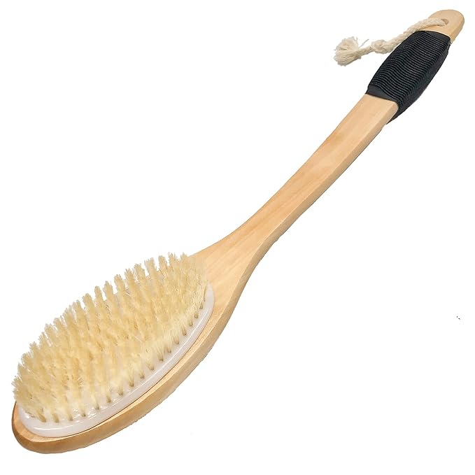 OWIIZI Bath Brush Wooden Curved Long Handle Antiskid Shower Brush for Exfoliating, Natural Bristle Scrubber for Back Use Wet or Dry