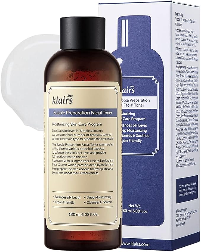 DearKlairs Supple Preparation Facial Toner – Korean Daily Hydrating Formula with Lipidure, Hyaluronic Acid & Centella Asiatica, pH Balancing for Sensitive Dry Skin, Alcohol-Free Vegan, 6.08 Fl Oz