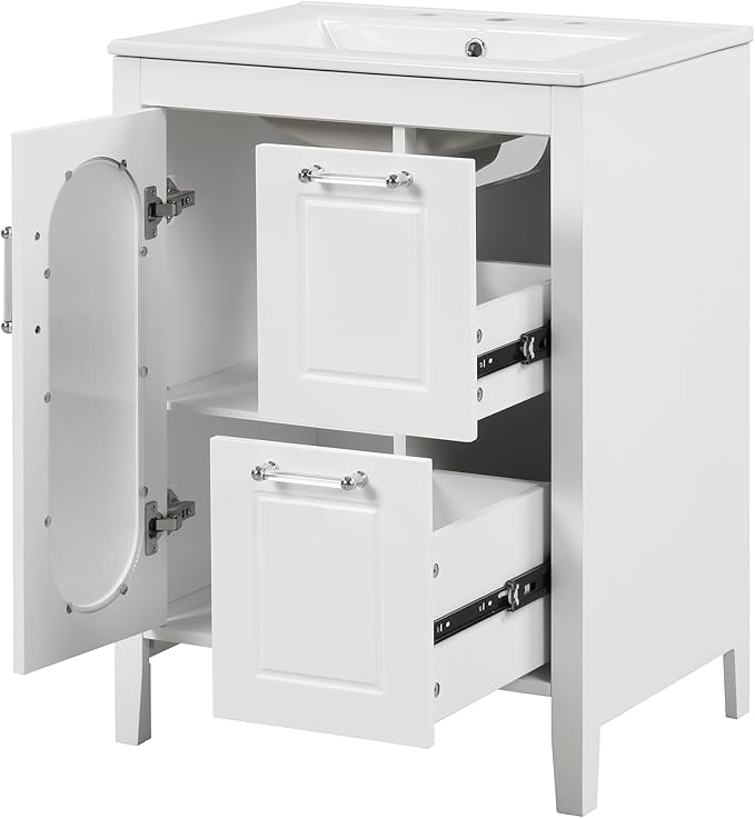 Harper & Bright Designs 24" Bathroom Vanity with Sink, Free Standing Single Basin Vanity Set with Two Drawers and Glass Door, Modern Wooden Bathroom Cabinet with Ceramic Basin for Bathroom, White