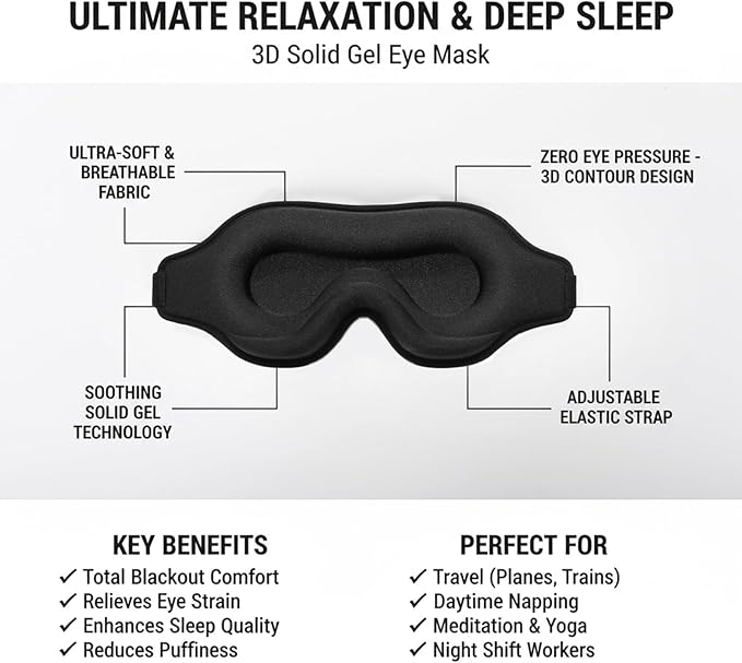 3D Cooling Gel Eye Mask - Reusable Cold & Warm Sleep Mask, Soft Gel Ice Pack for Puffiness, Dark Circles Relief & Headache Comfort