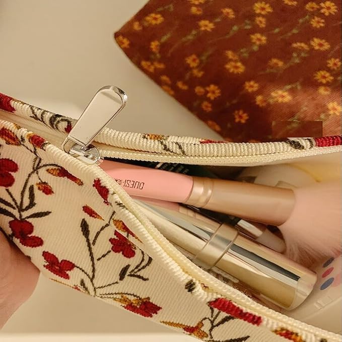 SxoSyo Floral Makeup Bag, Corduroy Cosmetic Bags, Beige