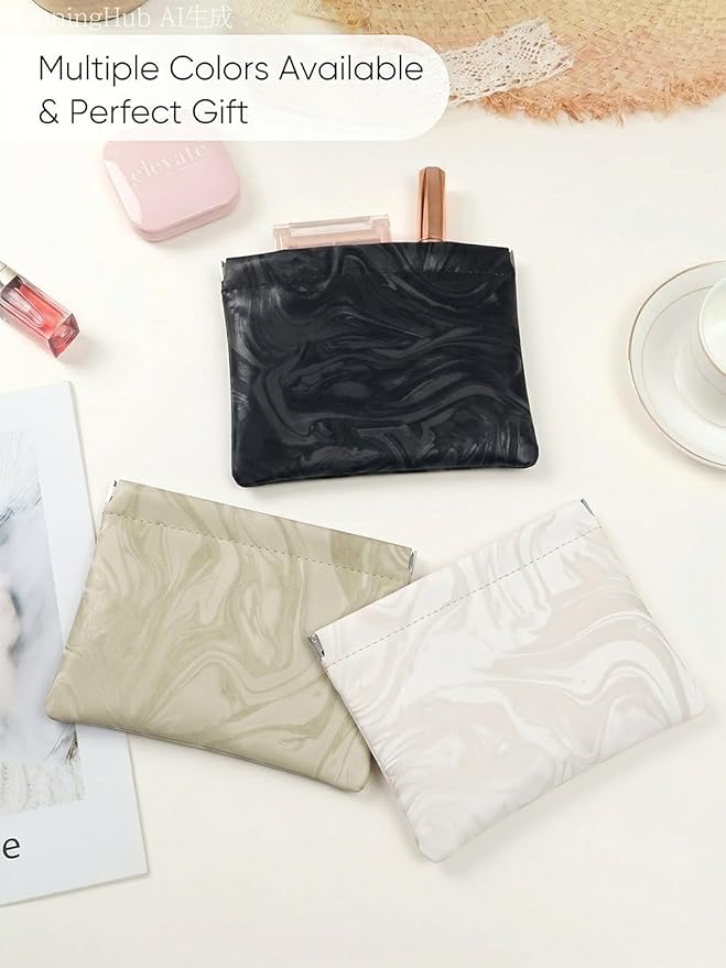 Ksriylm PU Leather Makeup Pouch Set for Women Small Make Up Bag for Purse Waterproof Initial Makeup Cosmetic Bags Pouches for Purse Aesthetic Travel Toiletry Bag,Elegant Wave Khaki