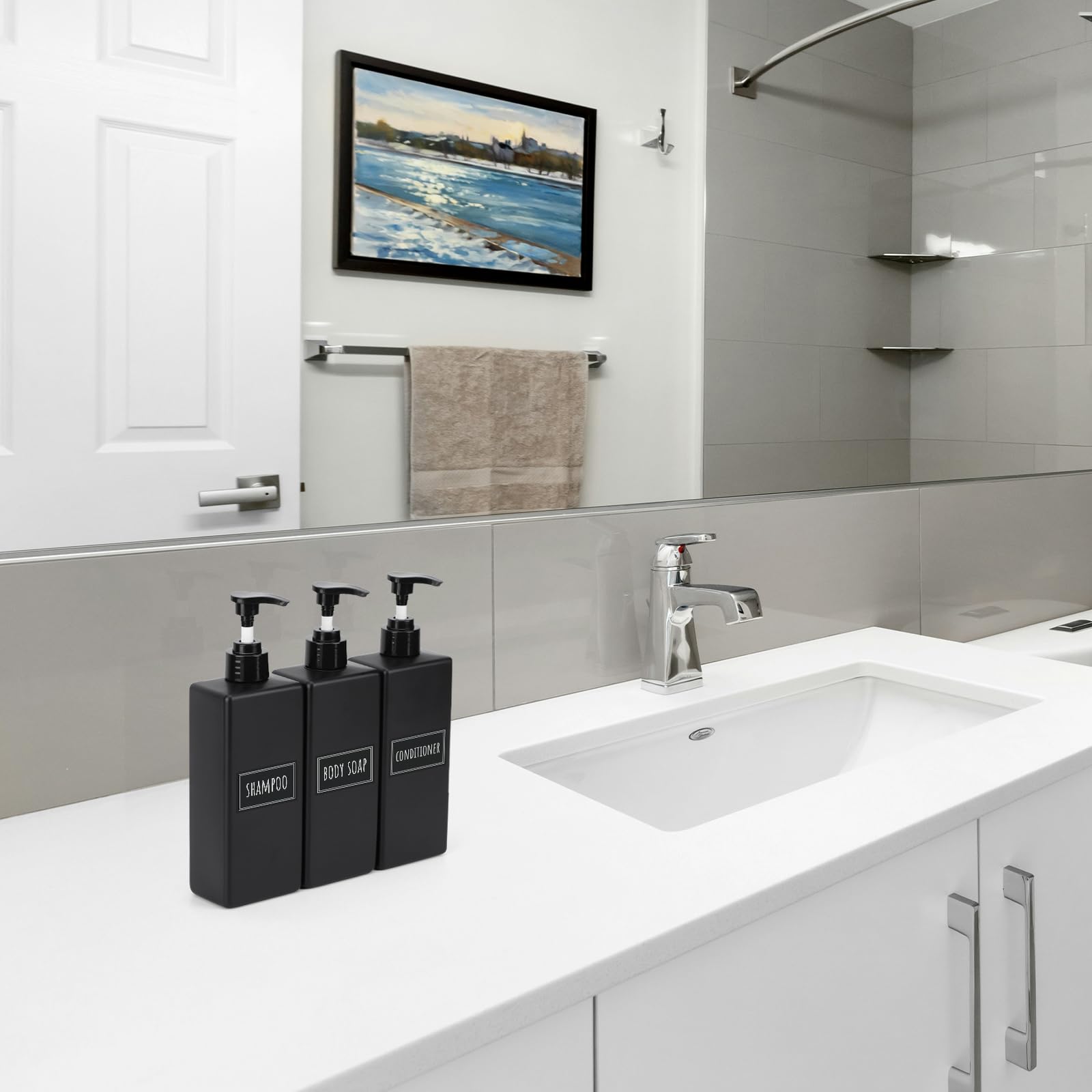 Segbeauty Matte Black Soap Dispenser, 3 Pack 16.9oz Refillable Shampoo and Conditioner Bottles with Labels, 500ml Empty Plastic Square Shower Dispenser Bathroom Soap Dispenser Set for Body Soap