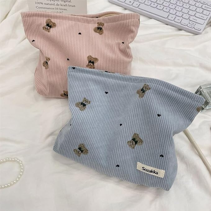 SxoSyo Corduroy Makeup Bags, Bear Cosmetic Purse, Pink