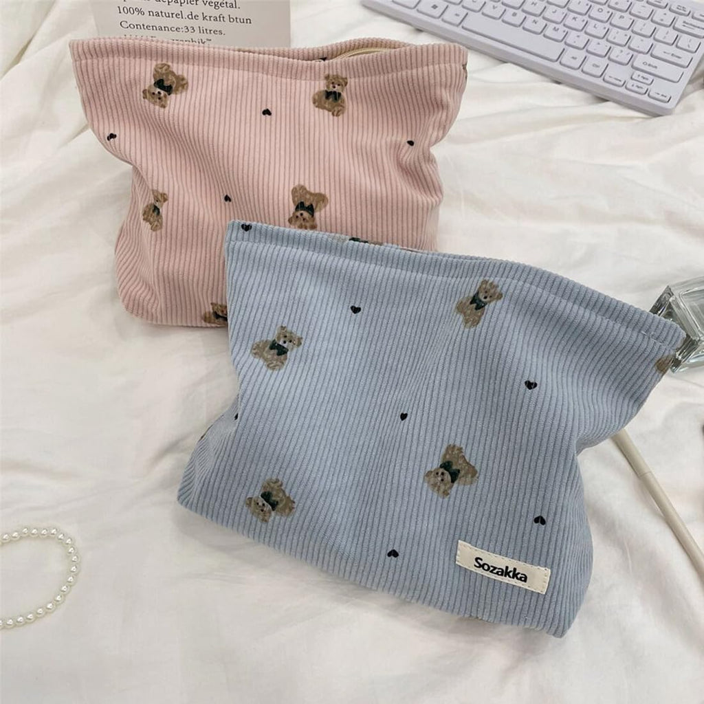 SxoSyo Corduroy Makeup Bags, Bear Cosmetic Purse, Pink