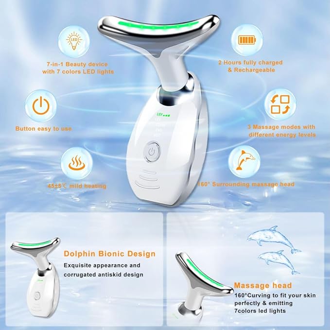 Facial Beauty Device, Face Massager Tool for Skin Care, Based on Triple Action LED, Thermal, and Vibration Technologies, Red and Blue LED Light, 7 Color Led Face and Neck Massager for Home Use