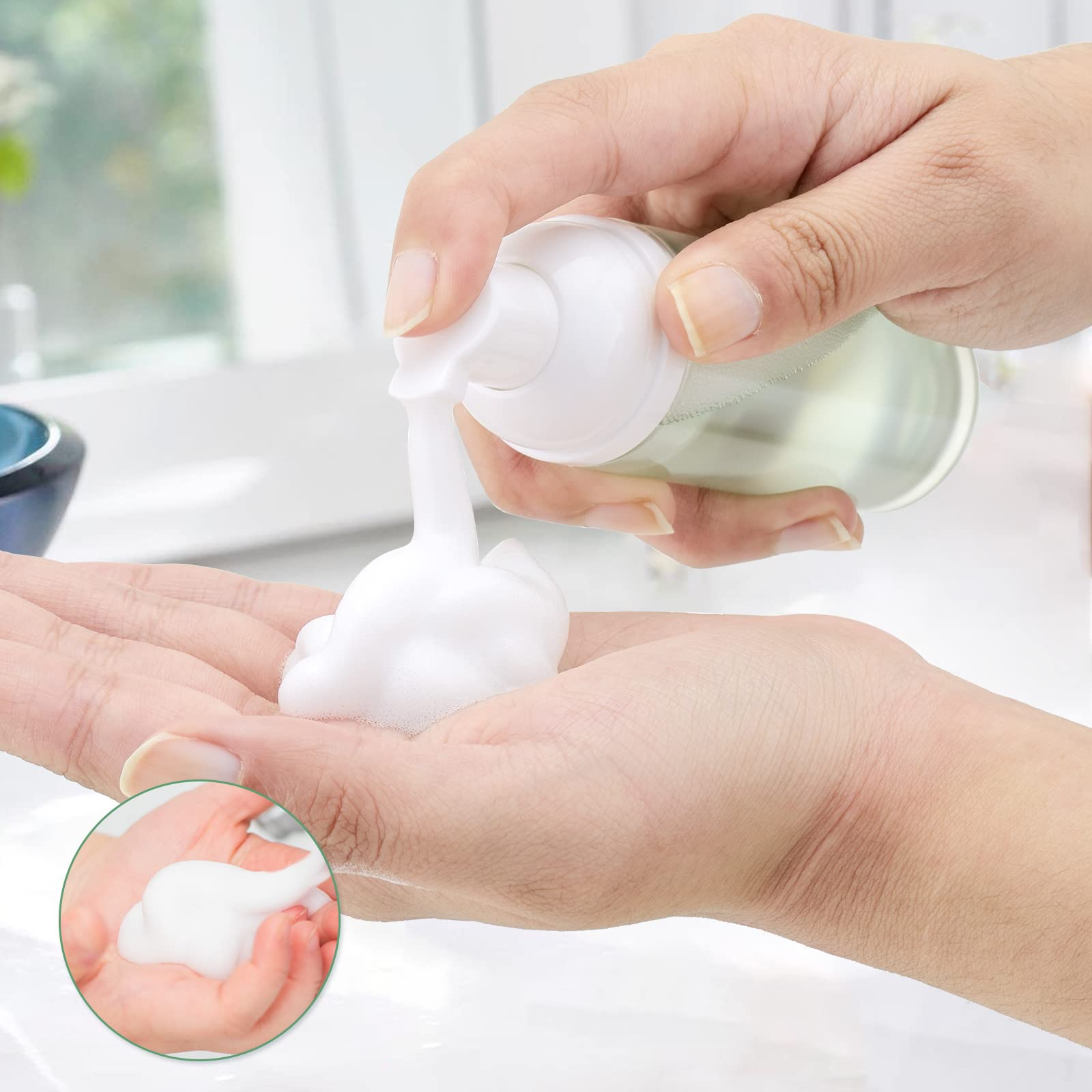 Owlyee Travel Foam Pump Bottle - 2oz Small Size Foaming Hand Soap Dispenser - Mini Portable Mousse Lash Shampoo Kit Container for Hair - Empty Leak Proof Plastic White&Green Foamer 3Pack