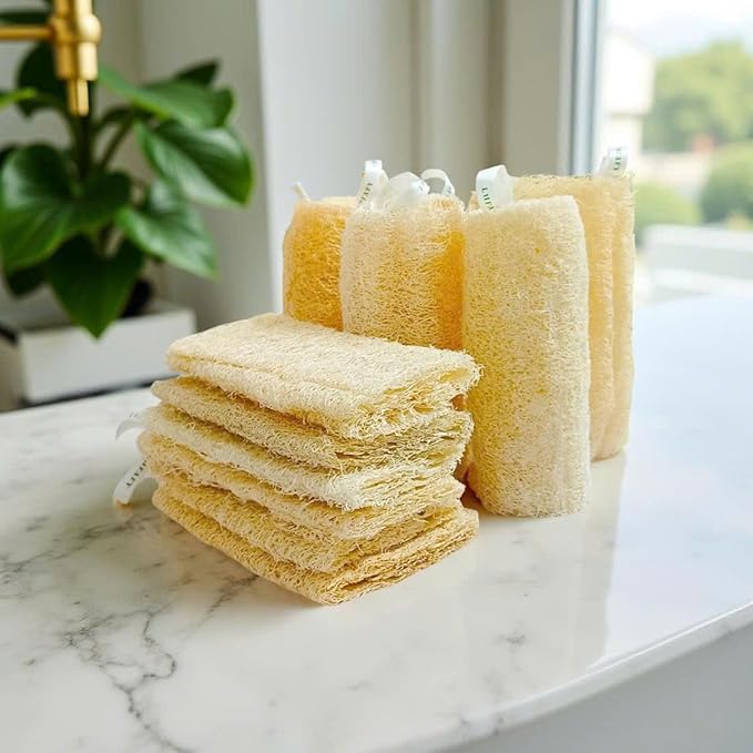 LUFAFY 5‑Pack (6") Natural Loofah Sponge, Exfoliating Body Scrubber for Shower, Luffa Sponge, Bath & Kitchen – Plant-Based