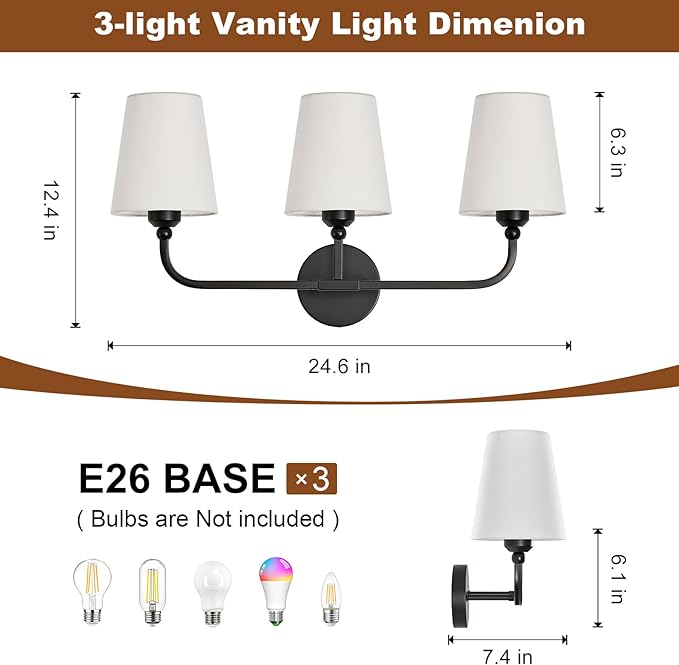 Bathroom Vanity Light, Matte Black Bathroom Light Fixtures, 3-Light Lighting Fixtures Over Mirror, Modern Wall Sconce with Flared White Fabric Shade, E26 Socket(ETL Listed)
