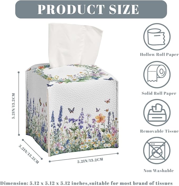 Wildflower Tissue Box Cover Colorful Spring Meadow Butterfly Garden Square PU Leather Waterproof Tissue Box Holder for Car Bathroom Bedroom Office Tabletop Decor