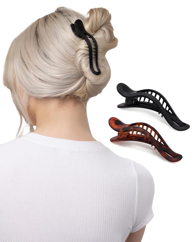 Kitsch Flat Hair Clips for Women - Strong Hold, No Slip Grip Flat Claw Clips | Sleek Curved Design For Comfortable Look | Hair Accessories For Girls - Black & Tortoise, 2pcs