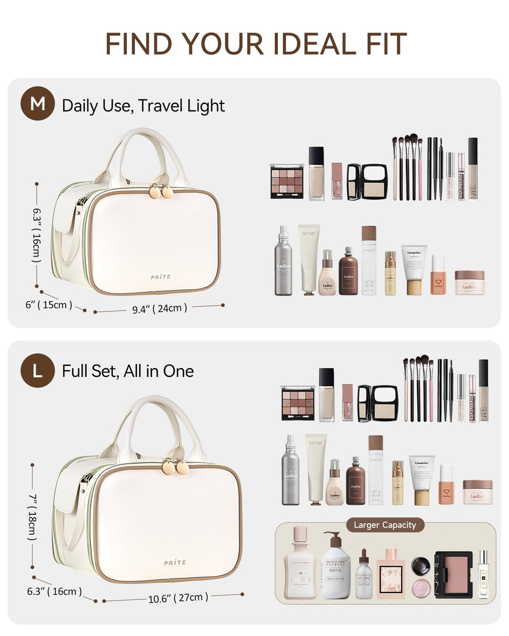 Prite Large Makeup Bag, Waterproof Travel Cosmetic Case with Brush Holder