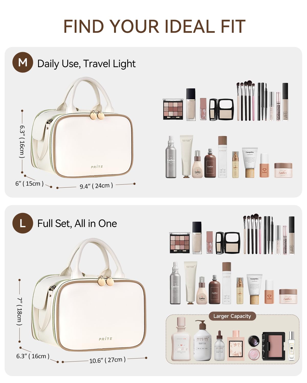 Prite Large Makeup Bag, Waterproof Travel Cosmetic Case with Brush Holder