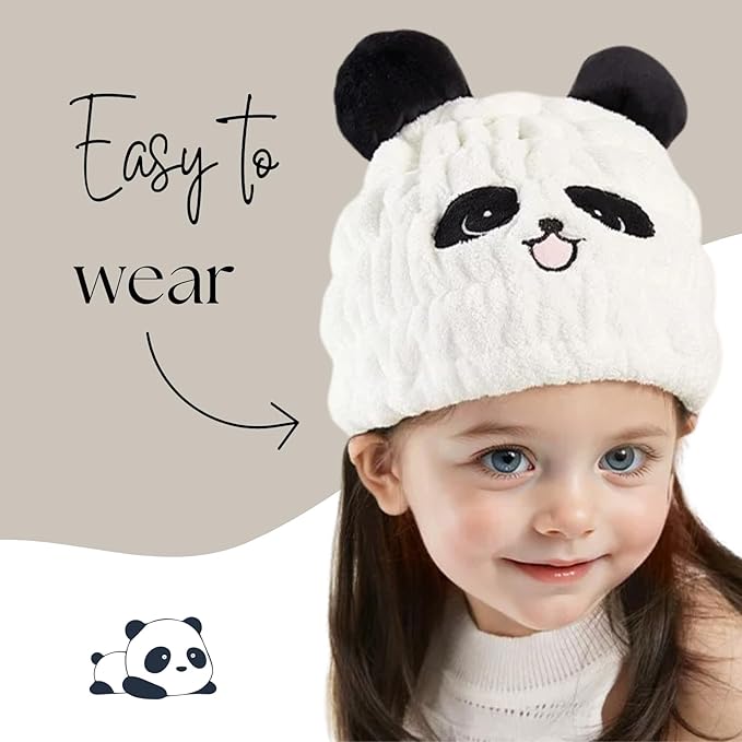 LCBD Microfiber Hair Towel Wrap for Kids, Panda Dry Hair Cap Suck Water, Absorbent Quick Girls Boys Hair Drying Towel, Lightweight Bouncy Hat Headscarf for Wet Hair