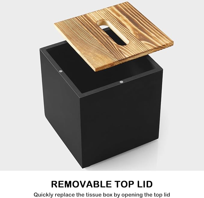 GCWSTJK Black Tissue Box Cover Square - Wooden Tissue Box Holder - Decorative Cube Facial Tissue Dispenser for Vanity Toilet Tank Dresser Nights Stand Kitchen Table Office Countertop