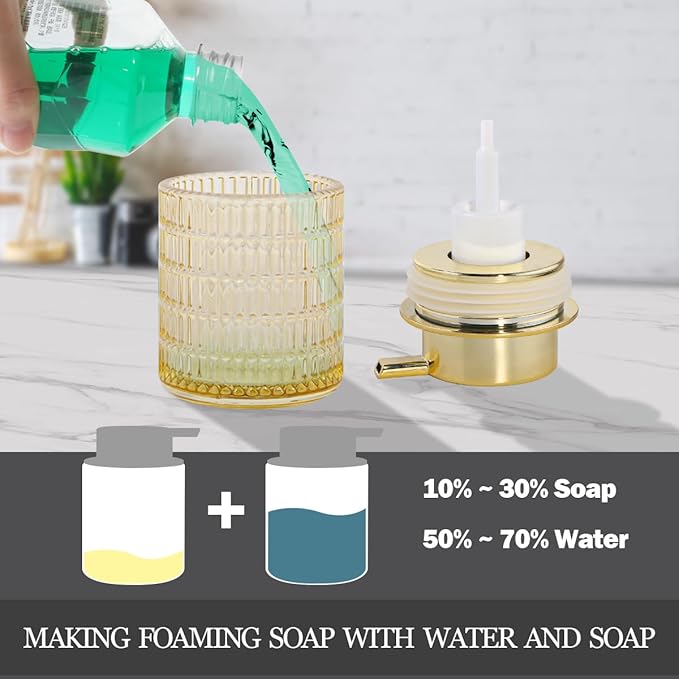 Tonxus Foaming Soap Dispenser, Amber Glass Foam Soap Dispenser for Bathroom and Kitchen, 10 Oz Refillable Foaming Pump Bottle with Large Pump, Ribbed Bottle Container Decor