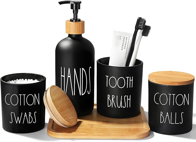 ALPIRIRAL Matte Black Bathroom Accessories Set, 5 Pcs Glass Bathroom Accessory Set with Bamboo Tray, Soap Dispenser and Toothbrush Holder Set, Qtip Holder Set, Farmhouse Boho Bathroom Set Complete