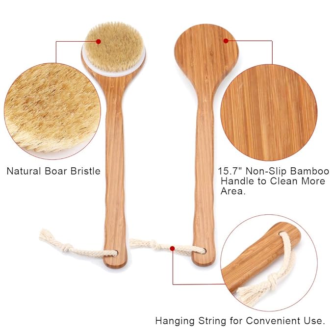 Shower Brush with Natural Bristle - Long Bamboo Handle Bath Body Brush for Wet or Dry Brushing - Improves Blood Circulation, Exfoliating Skin